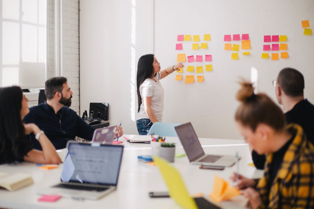 team brainstorming with sticky notes